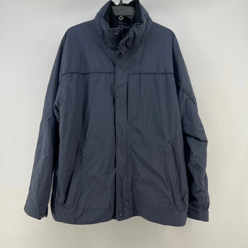 LL Bean Mens 3-in-1 System Jacket Navy Blue Fleece Liner Large 265905 with Hood